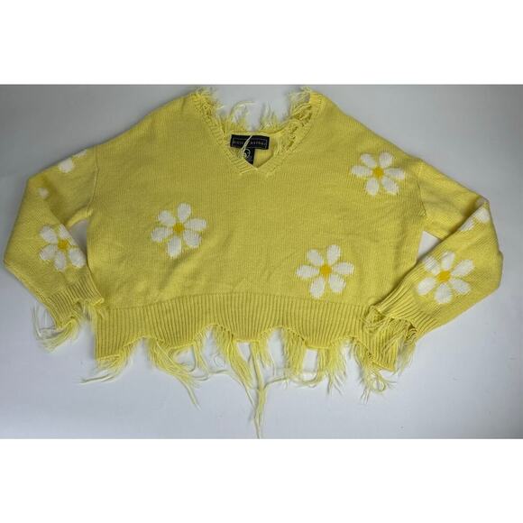 Polly & Esther Cropped Distressed Sweater Yellow Daisy Floral Y2K - Picture 7 of 11